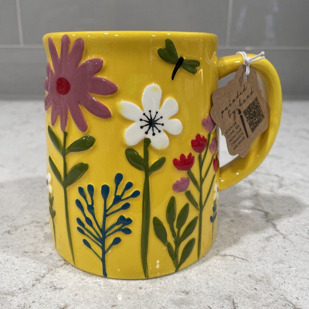 DRAGONFLY Hand Painted Sunshine Yellow Ceramic 18oz Mug Raised Floral Lang Tag